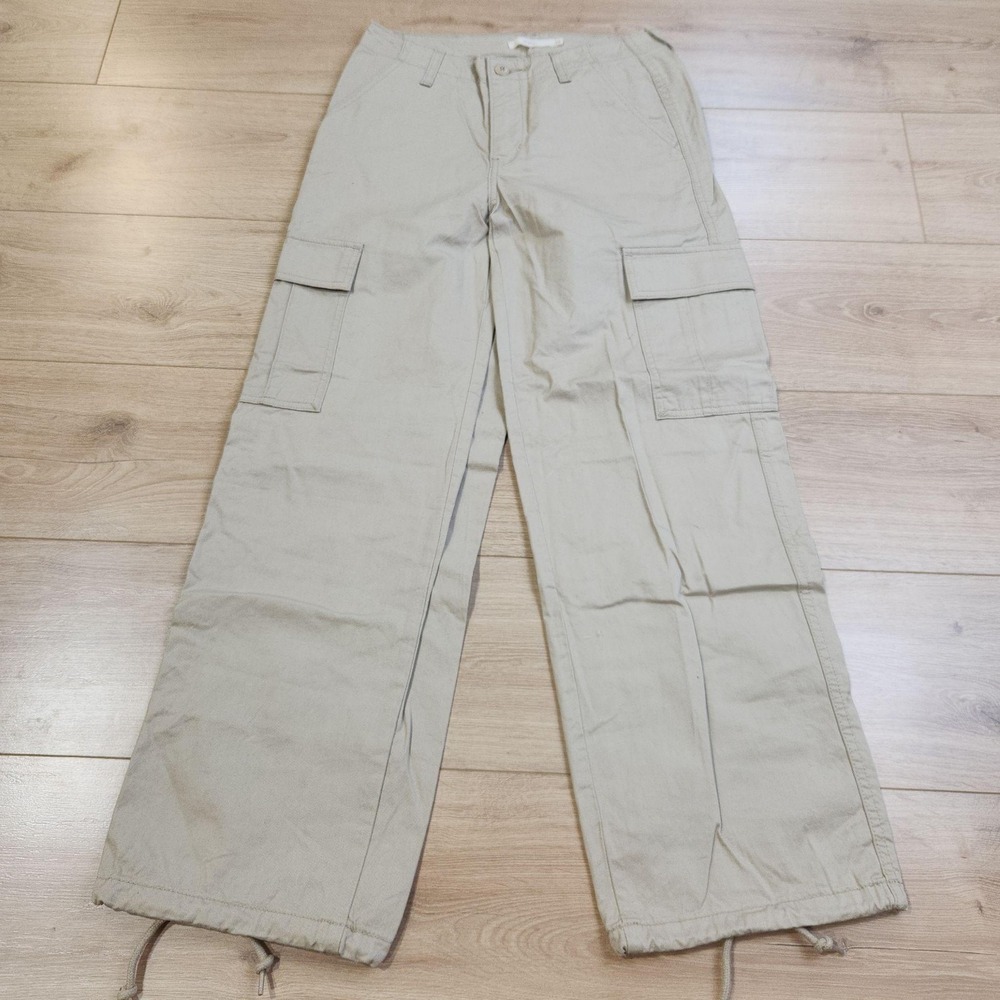 Levis 94 Baggy Cargo Pants Womens 26x30 Beige Twill Wide Leg Drawstring Hem